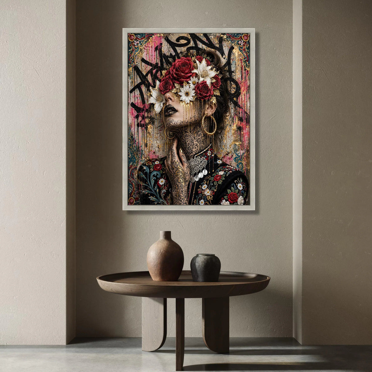 Elegant Woman Portrait with Floral Crown Canvas, Decorative Face Art Wall Decor, Tattoo Canvas, Modern Artistic Print for Canvas Print Art