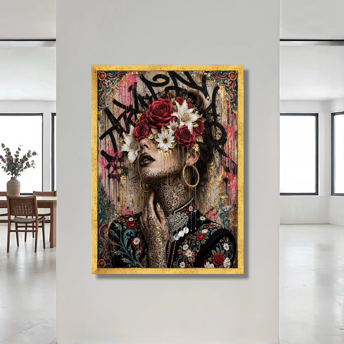 Elegant Woman Portrait with Floral Crown Canvas, Decorative Face Art Wall Decor, Tattoo Canvas, Modern Artistic Print for Canvas Print Art