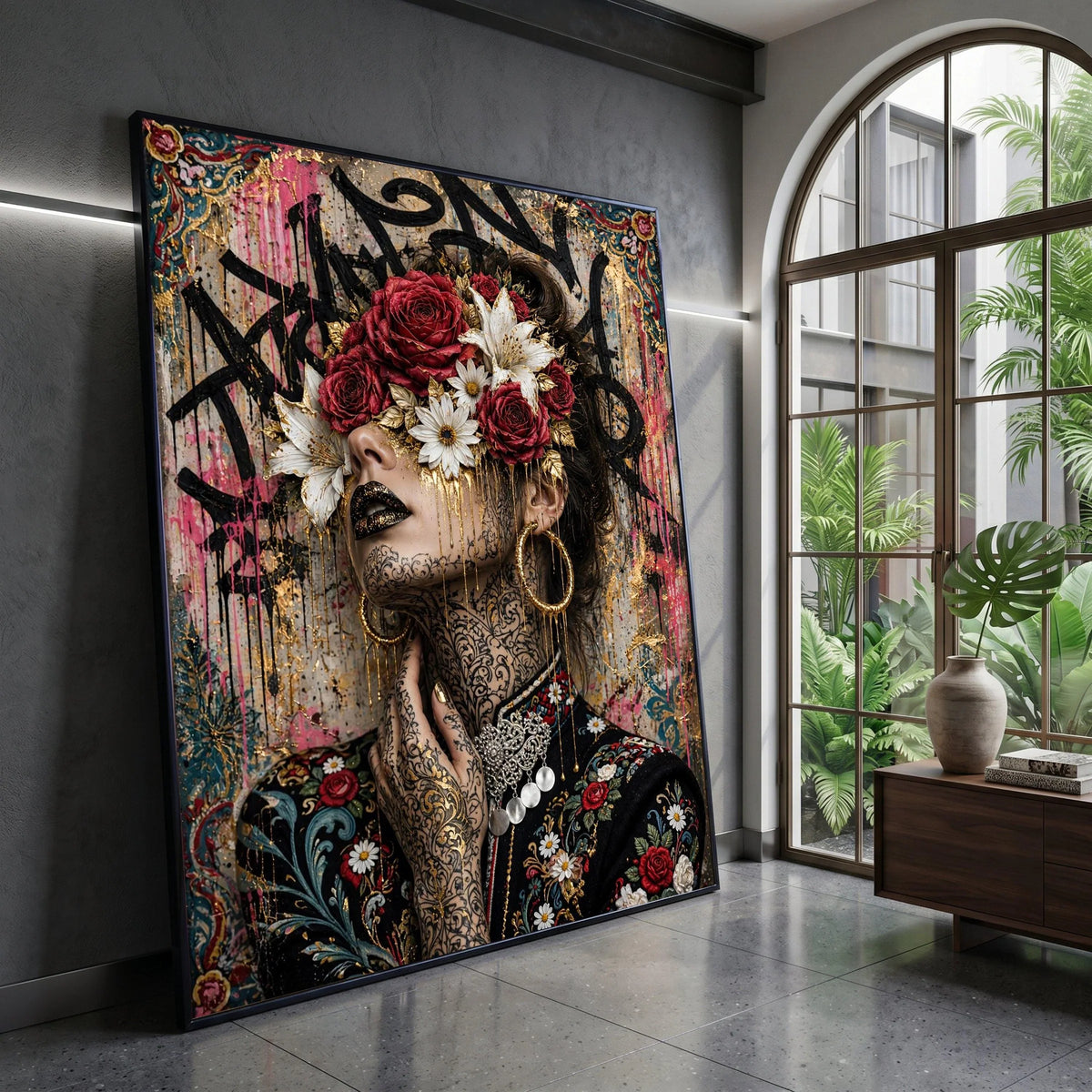 Elegant Woman Portrait with Floral Crown Canvas, Decorative Face Art Wall Decor, Tattoo Canvas, Modern Artistic Print for Canvas Print Art