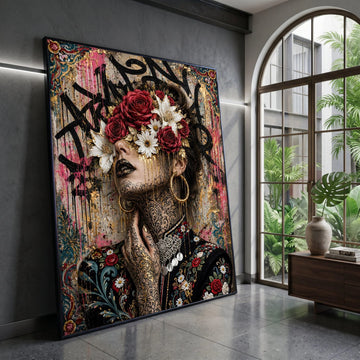 Elegant Woman Portrait with Floral Crown Canvas, Decorative Face Art Wall Decor, Tattoo Canvas, Modern Artistic Print for Canvas Print Art