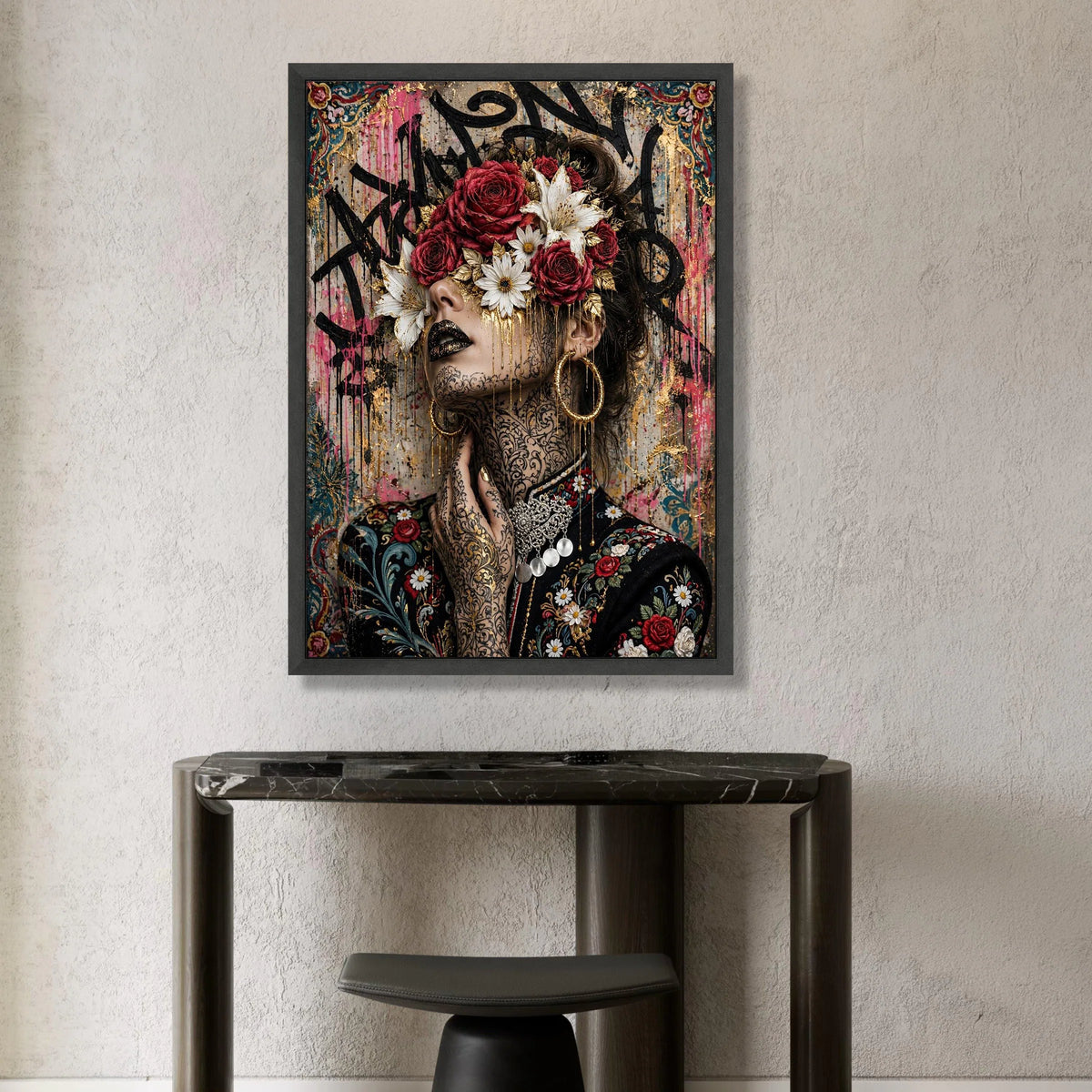 Elegant Woman Portrait with Floral Crown Canvas, Decorative Face Art Wall Decor, Tattoo Canvas, Modern Artistic Print for Canvas Print Art