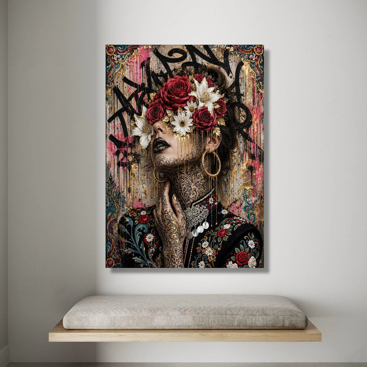 Elegant Woman Portrait with Floral Crown Canvas, Decorative Face Art Wall Decor, Tattoo Canvas, Modern Artistic Print for Canvas Print Art