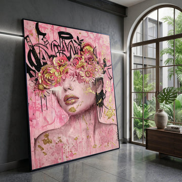 Pink Floral Crown Portrait Canvas, Gold Accent Wall Art, Abstract Female Face Painting, Modern Decorative Canvas, Feminine Canvas Print Art