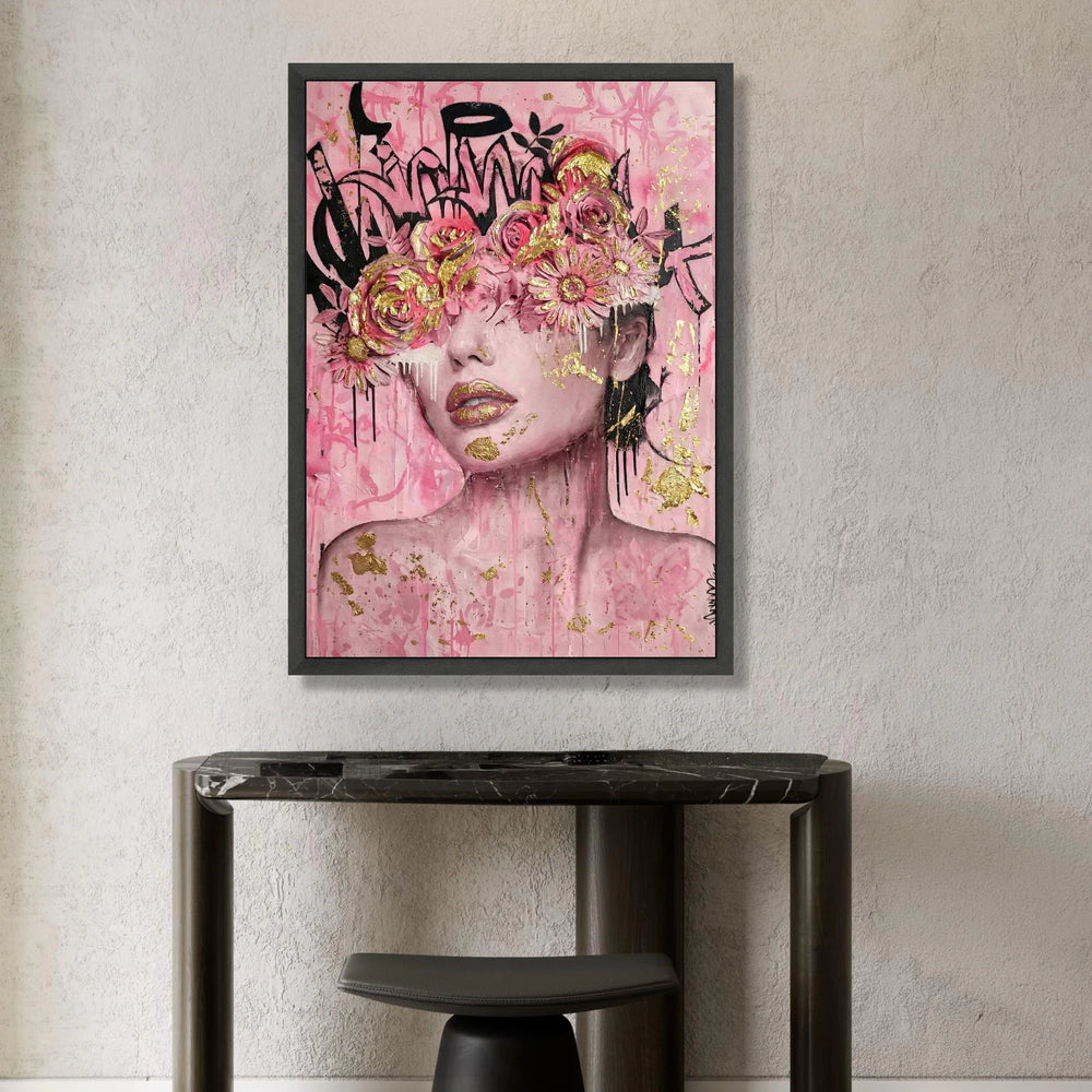 Pink Floral Crown Portrait Canvas, Gold Accent Wall Art, Abstract Female Face Painting, Modern Decorative Canvas, Feminine Canvas Print Art
