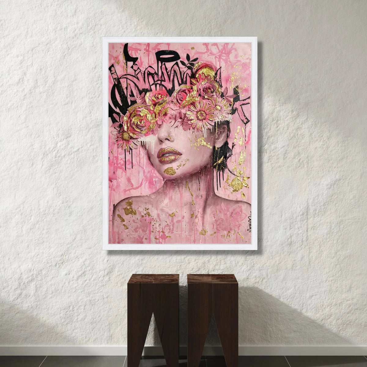 Pink Floral Crown Portrait Canvas, Gold Accent Wall Art, Abstract Female Face Painting, Modern Decorative Canvas, Feminine Canvas Print Art
