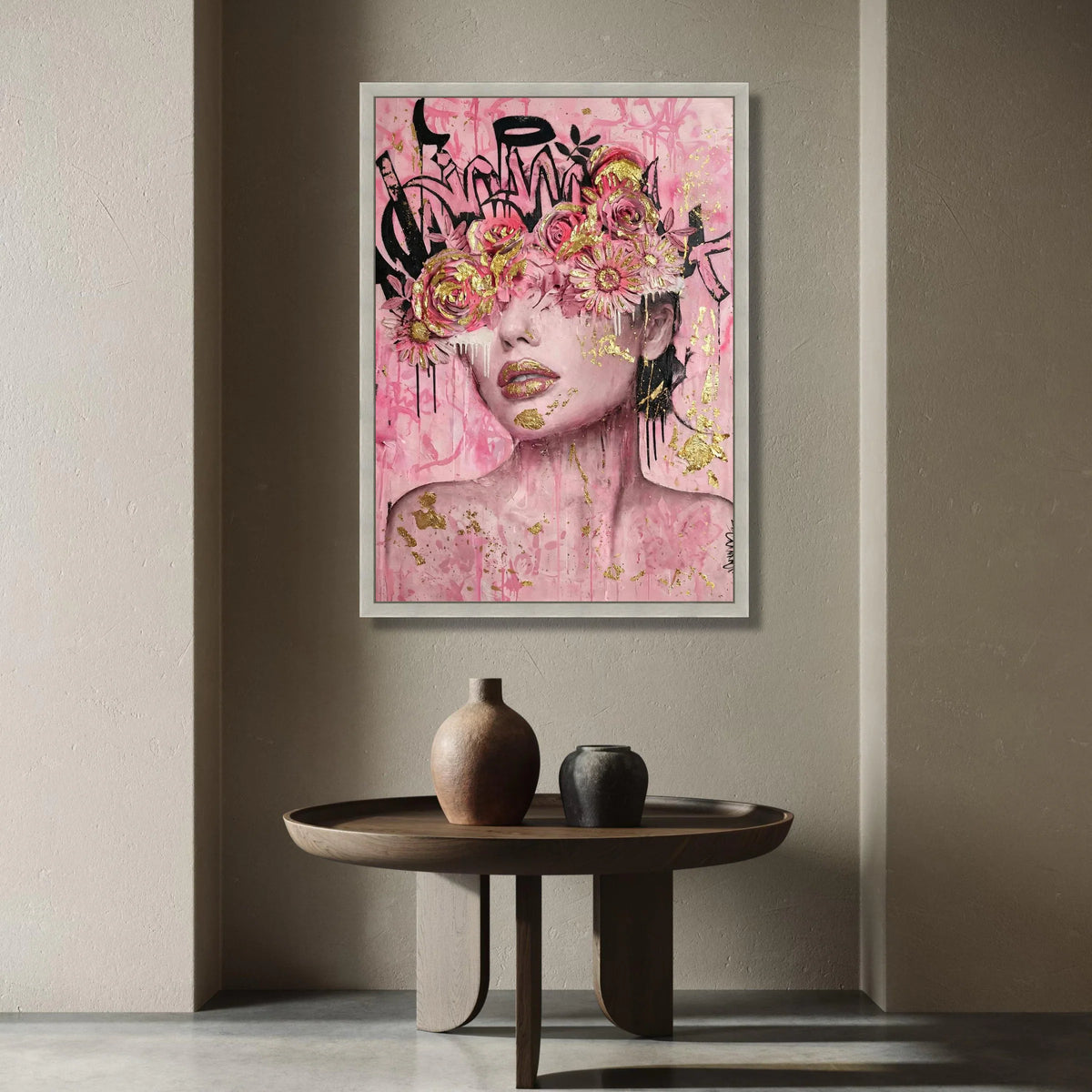 Pink Floral Crown Portrait Canvas, Gold Accent Wall Art, Abstract Female Face Painting, Modern Decorative Canvas, Feminine Canvas Print Art