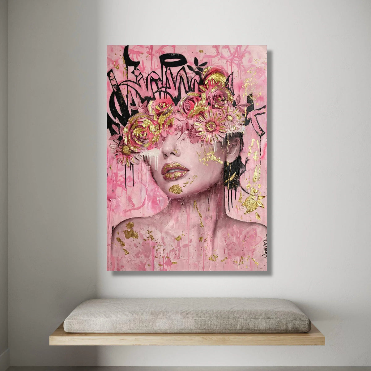 Pink Floral Crown Portrait Canvas, Gold Accent Wall Art, Abstract Female Face Painting, Modern Decorative Canvas, Feminine Canvas Print Art
