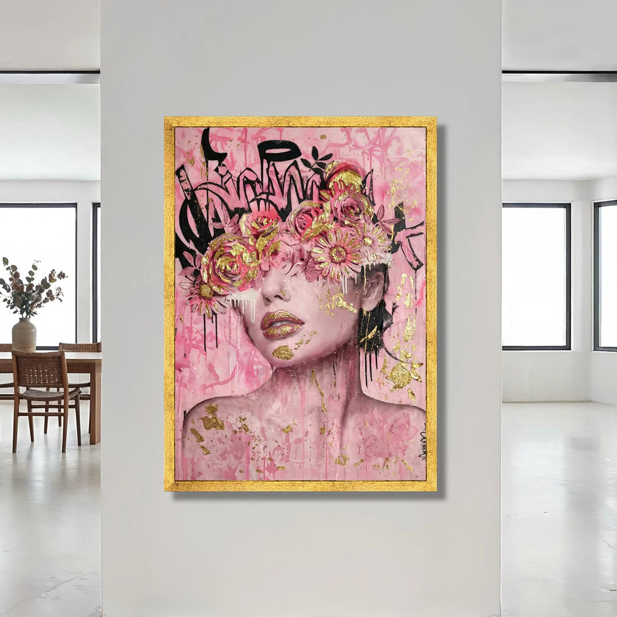 Pink Floral Crown Portrait Canvas, Gold Accent Wall Art, Abstract Female Face Painting, Modern Decorative Canvas, Feminine Canvas Print Art