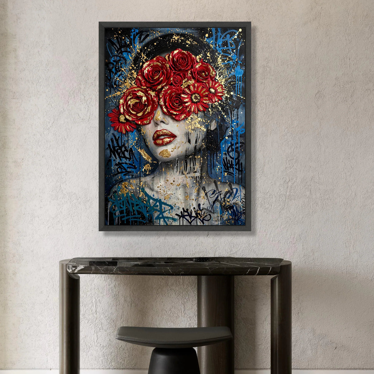 Bold Red Roses Portrait, Contemporary Woman Canvas, Floral Face Art, Urban Street Style Wall Art, Graffiti Design Canvas Canvas Print Art