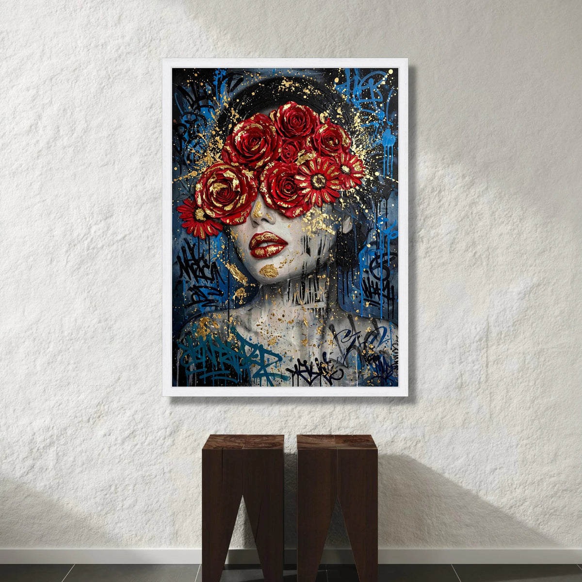 Bold Red Roses Portrait, Contemporary Woman Canvas, Floral Face Art, Urban Street Style Wall Art, Graffiti Design Canvas Canvas Print Art