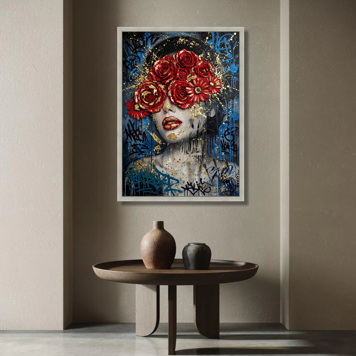 Bold Red Roses Portrait, Contemporary Woman Canvas, Floral Face Art, Urban Street Style Wall Art, Graffiti Design Canvas Canvas Print Art