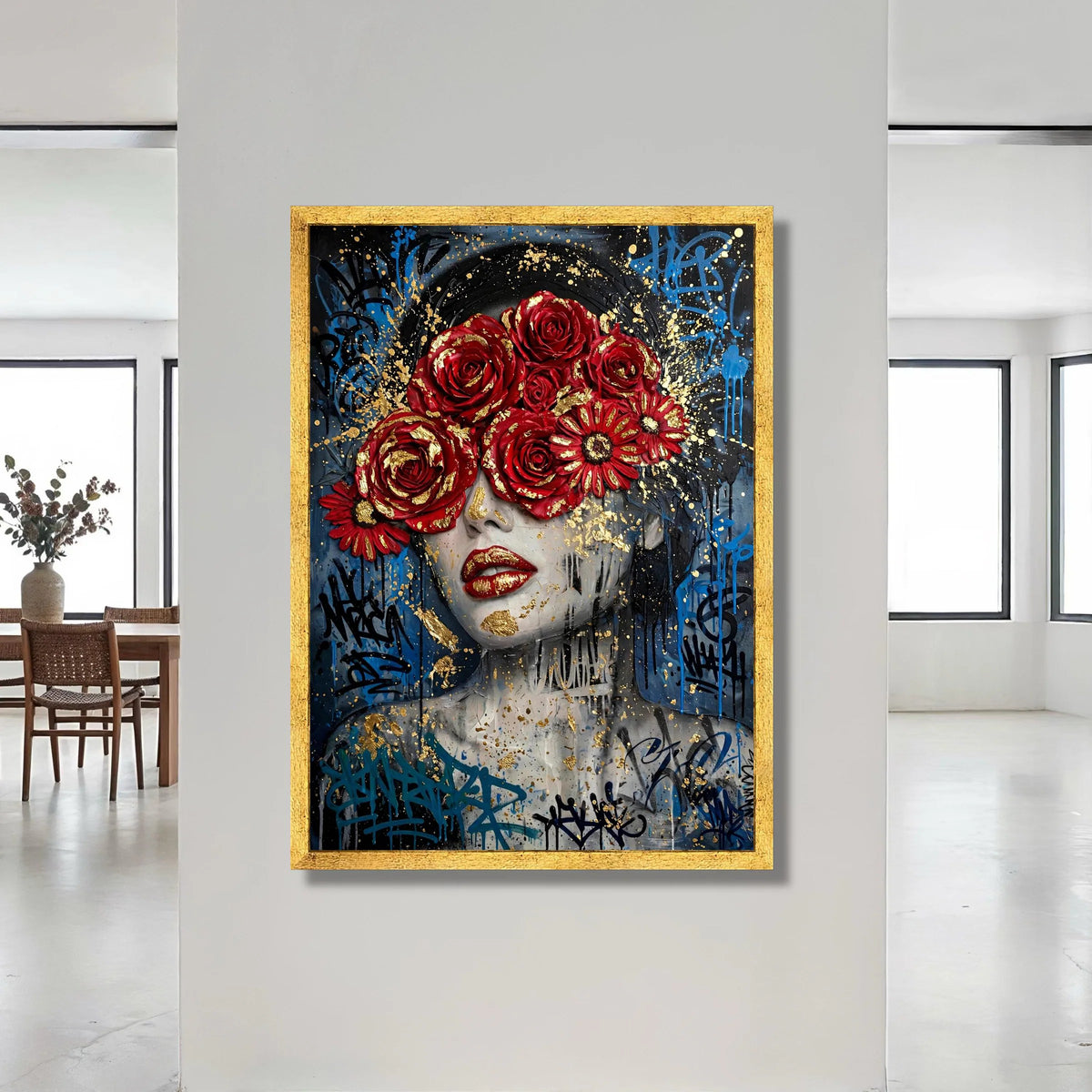 Bold Red Roses Portrait, Contemporary Woman Canvas, Floral Face Art, Urban Street Style Wall Art, Graffiti Design Canvas Canvas Print Art