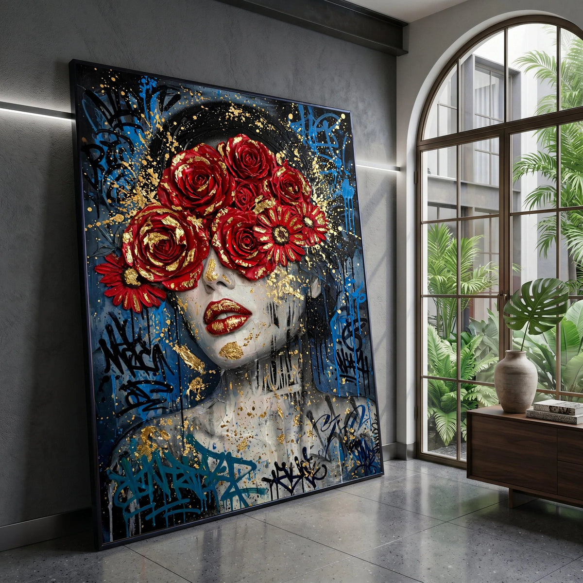 Bold Red Roses Portrait, Contemporary Woman Canvas, Floral Face Art, Urban Street Style Wall Art, Graffiti Design Canvas Canvas Print Art