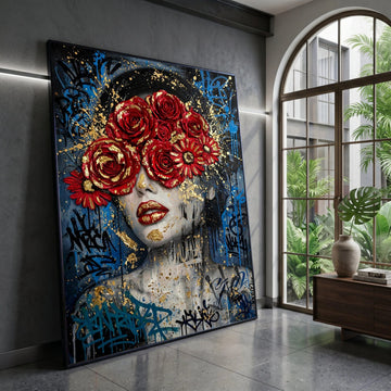 Bold Red Roses Portrait, Contemporary Woman Canvas, Floral Face Art, Urban Street Style Wall Art, Graffiti Design Canvas Canvas Print Art