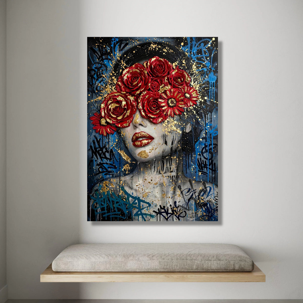 Bold Red Roses Portrait, Contemporary Woman Canvas, Floral Face Art, Urban Street Style Wall Art, Graffiti Design Canvas Canvas Print Art