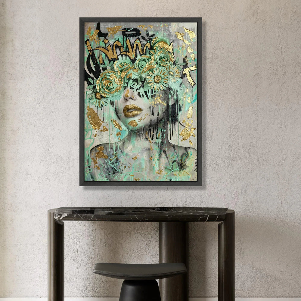 Modern Abstract Woman Portrait, Green Floral Mask Canvas, Urban Graffiti Art, Gold Accent Wall Art, Contemporary Home Canvas Print Art
