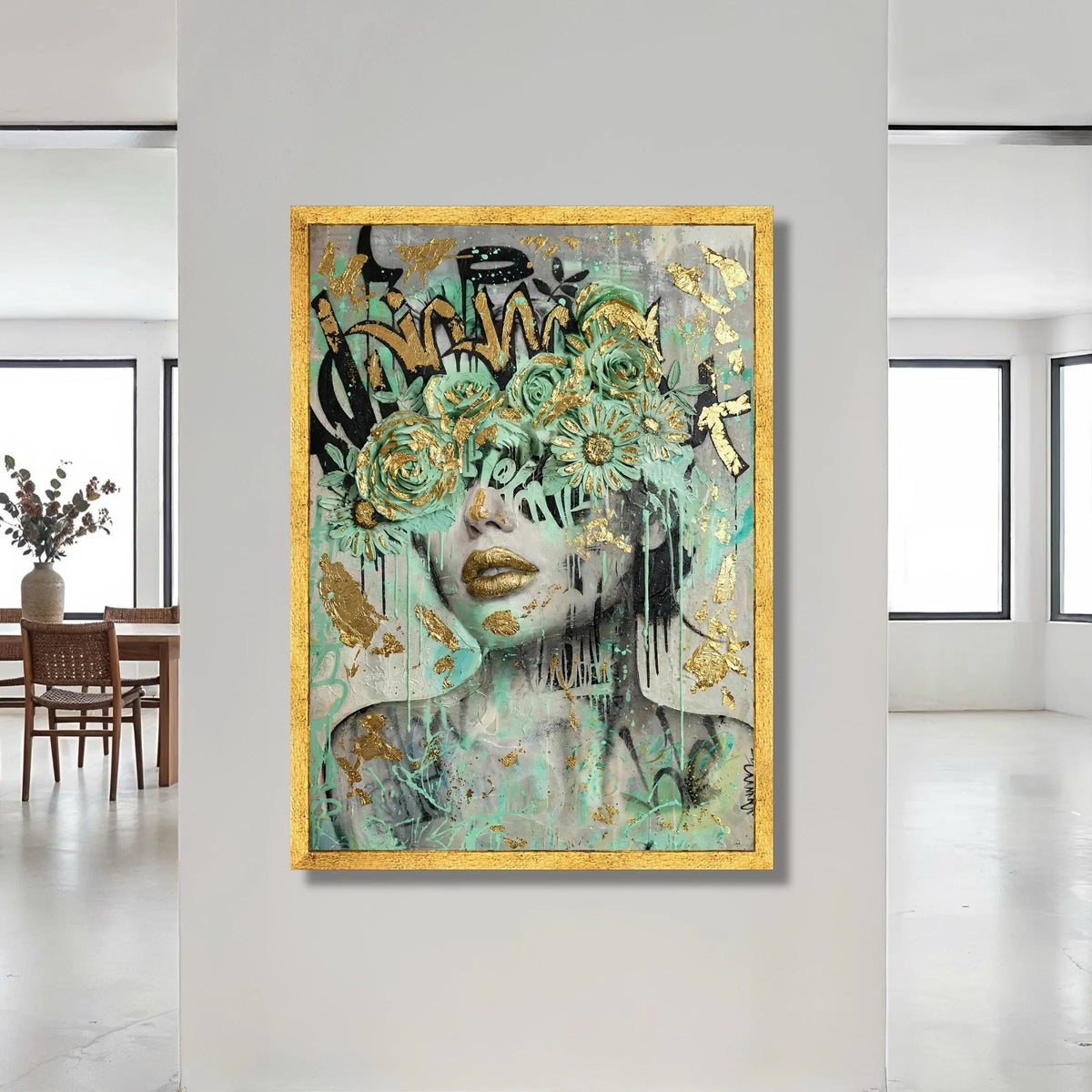 Modern Abstract Woman Portrait, Green Floral Mask Canvas, Urban Graffiti Art, Gold Accent Wall Art, Contemporary Home Canvas Print Art