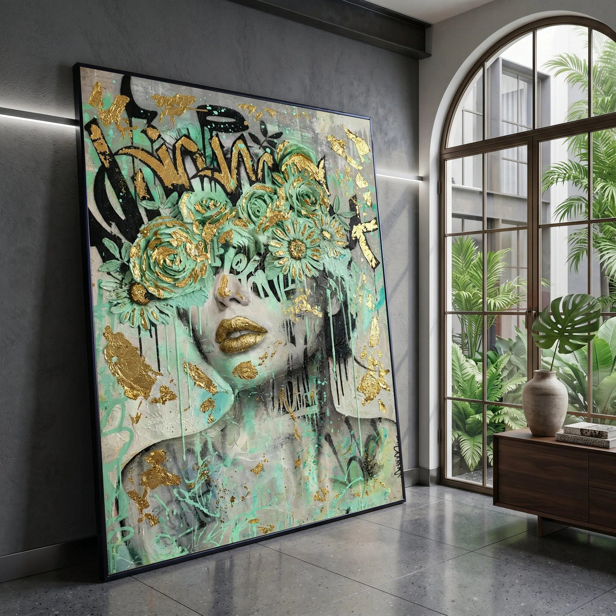 Modern Abstract Woman Portrait, Green Floral Mask Canvas, Urban Graffiti Art, Gold Accent Wall Art, Contemporary Home Canvas Print Art