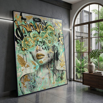 Modern Abstract Woman Portrait, Green Floral Mask Canvas, Urban Graffiti Art, Gold Accent Wall Art, Contemporary Home Canvas Print Art