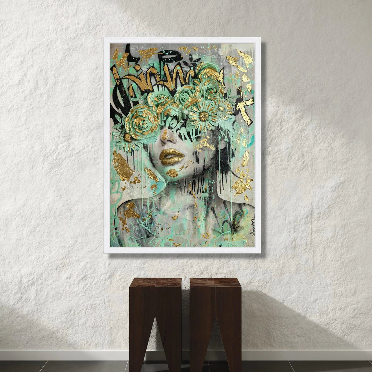 Modern Abstract Woman Portrait, Green Floral Mask Canvas, Urban Graffiti Art, Gold Accent Wall Art, Contemporary Home Canvas Print Art
