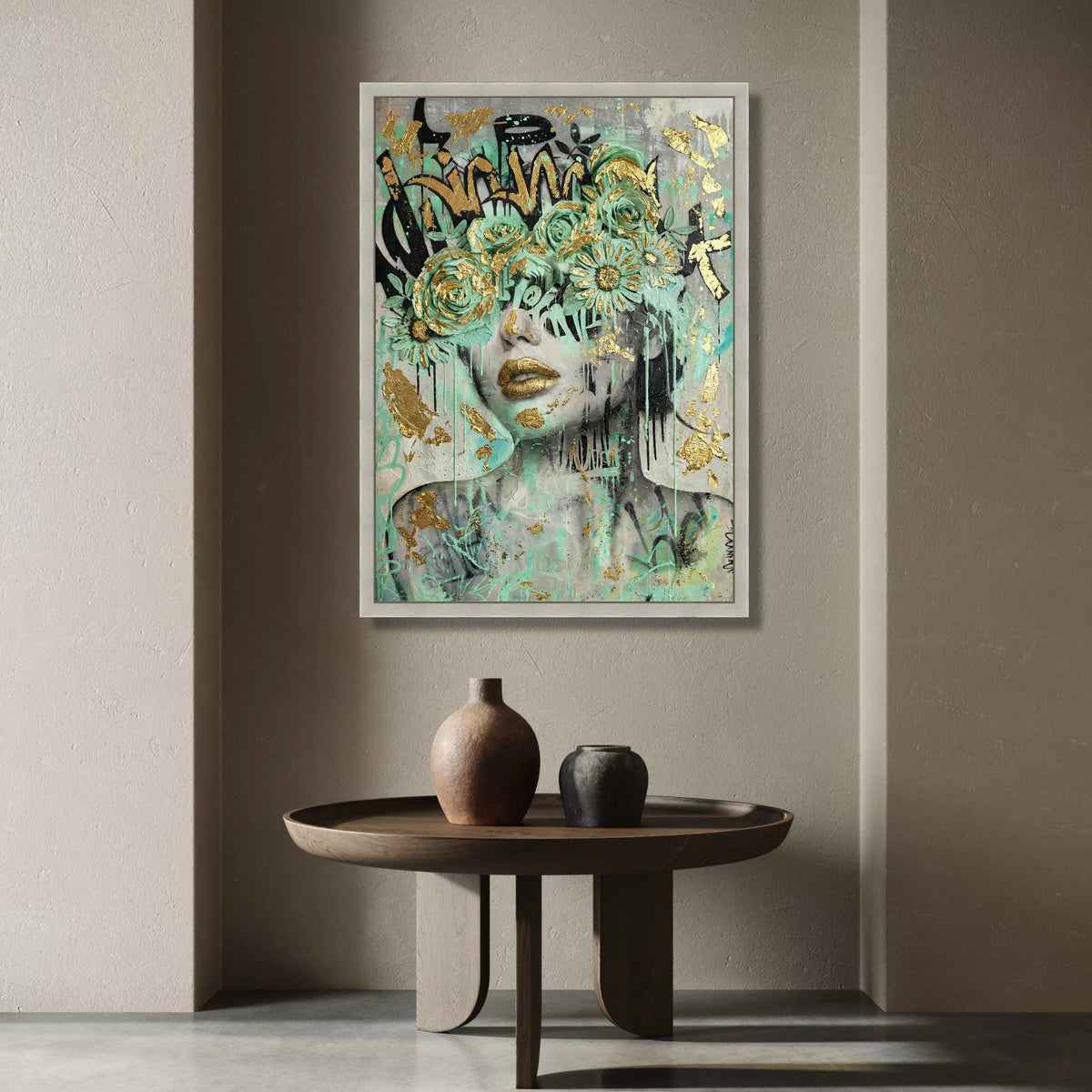 Modern Abstract Woman Portrait, Green Floral Mask Canvas, Urban Graffiti Art, Gold Accent Wall Art, Contemporary Home Canvas Print Art