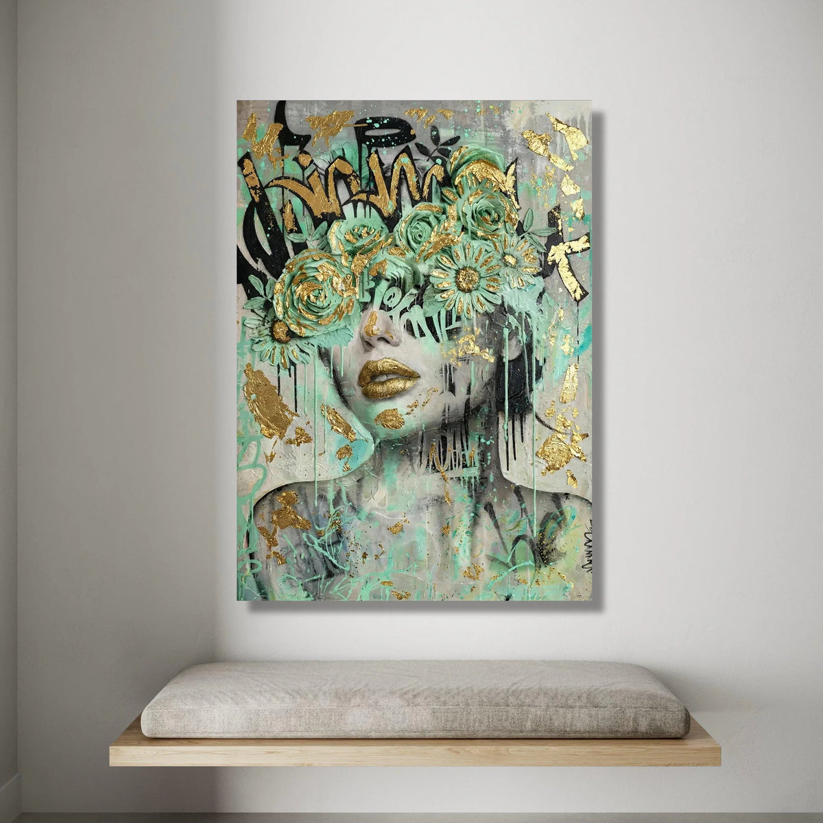 Modern Abstract Woman Portrait, Green Floral Mask Canvas, Urban Graffiti Art, Gold Accent Wall Art, Contemporary Home Canvas Print Art