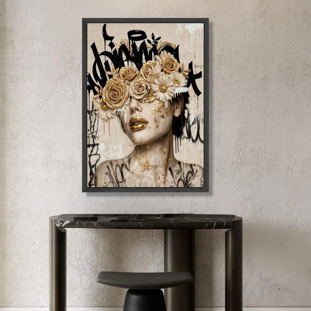 Golden Floral Mask Portrait Canvas, Abstract Female Face Wall Art, Modern Graffiti Style Canvas, Contemporary Home Canvas Print Art