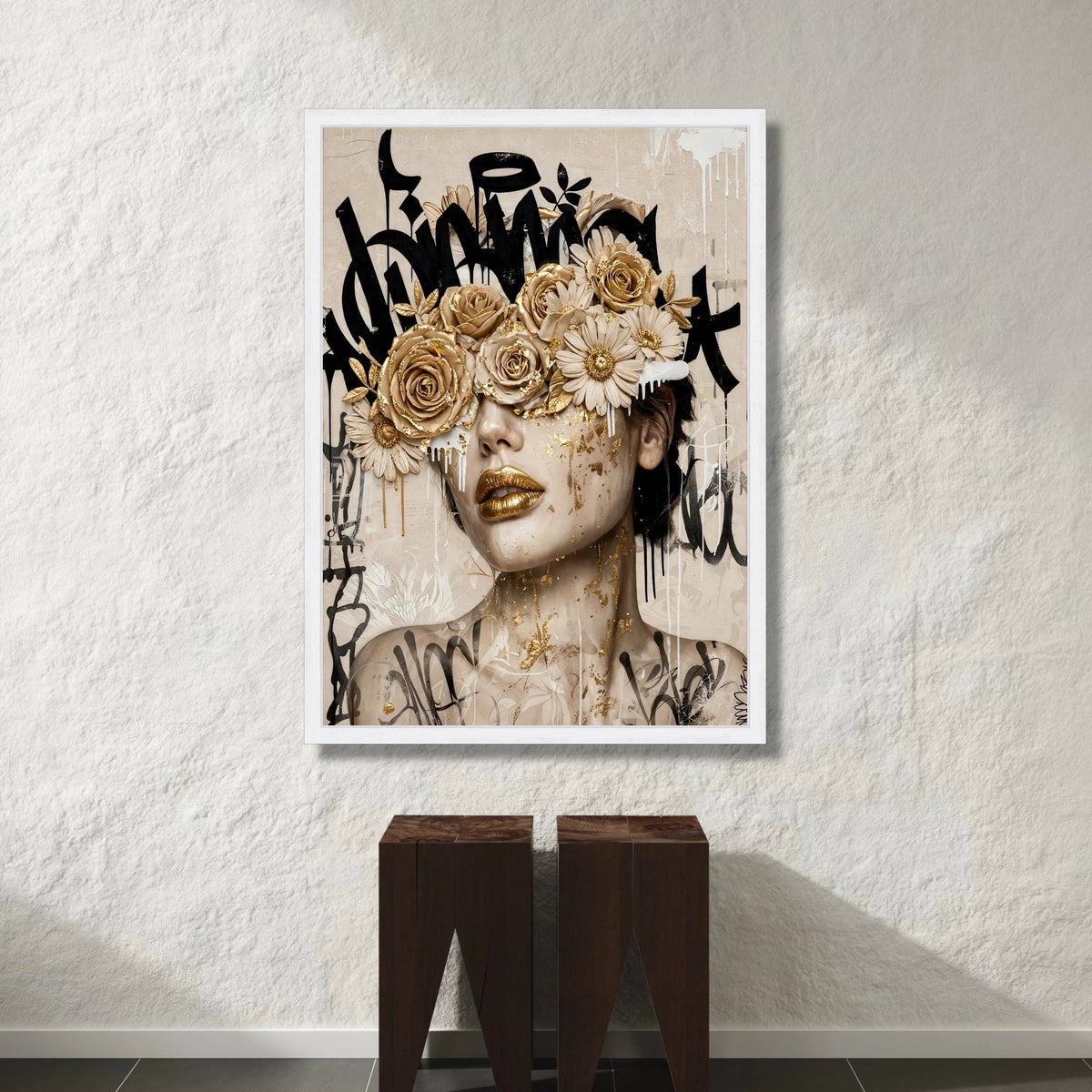 Golden Floral Mask Portrait Canvas, Abstract Female Face Wall Art, Modern Graffiti Style Canvas, Contemporary Home Canvas Print Art