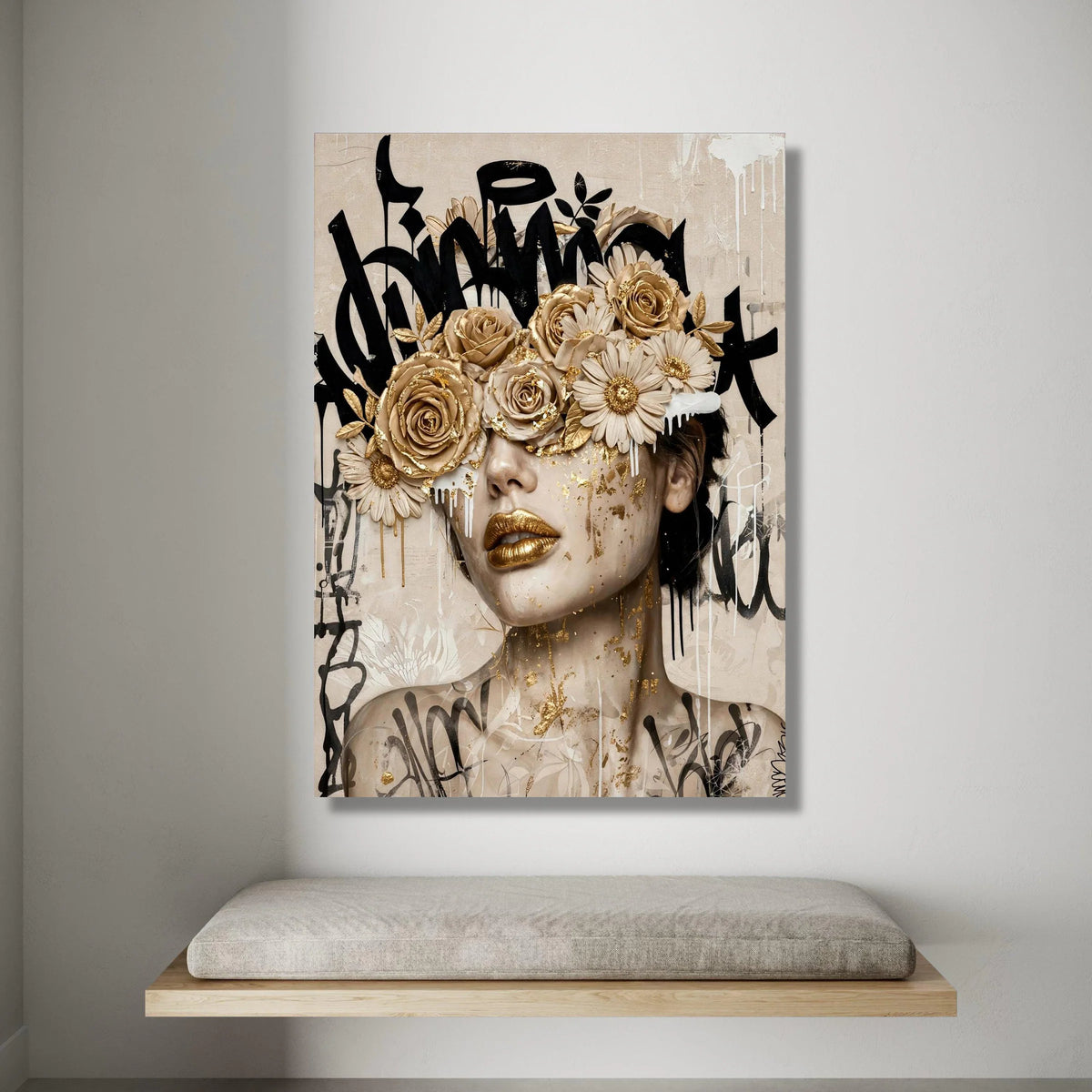 Golden Floral Mask Portrait Canvas, Abstract Female Face Wall Art, Modern Graffiti Style Canvas, Contemporary Home Canvas Print Art