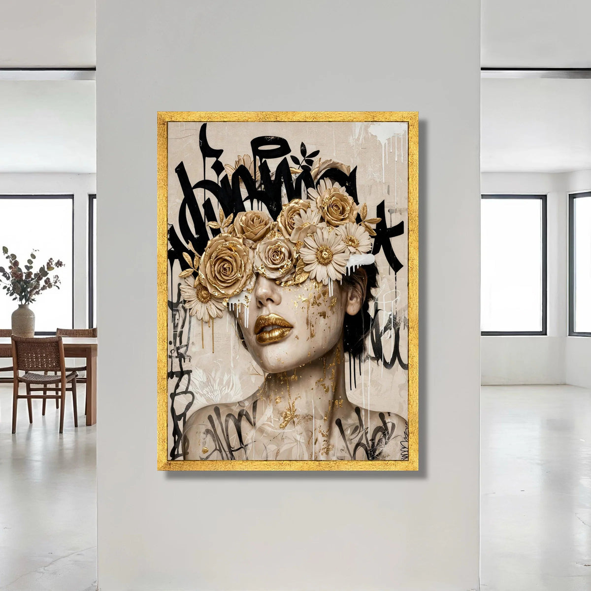 Golden Floral Mask Portrait Canvas, Abstract Female Face Wall Art, Modern Graffiti Style Canvas, Contemporary Home Canvas Print Art