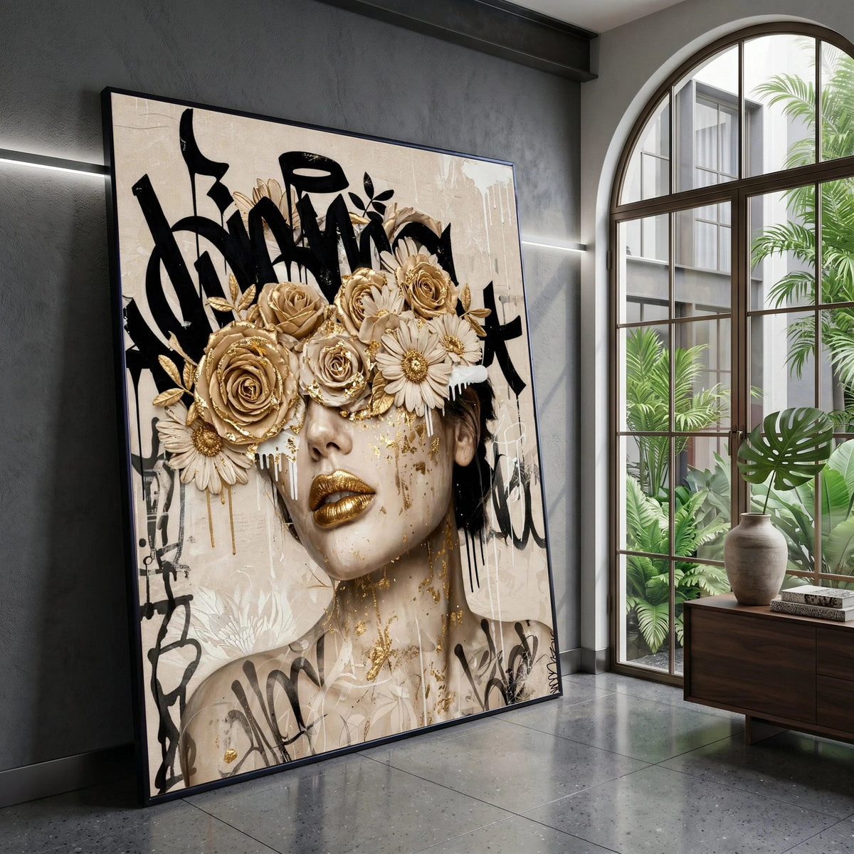 Golden Floral Mask Portrait Canvas, Abstract Female Face Wall Art, Modern Graffiti Style Canvas, Contemporary Home Canvas Print Art