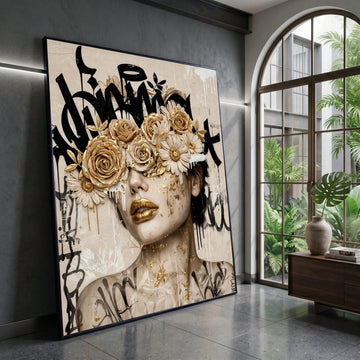 Golden Floral Mask Portrait Canvas, Abstract Female Face Wall Art, Modern Graffiti Style Canvas, Contemporary Home Canvas Print Art