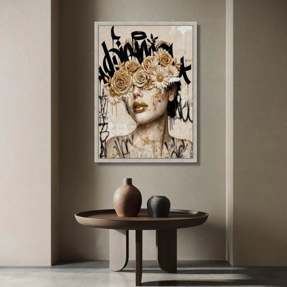 Golden Floral Mask Portrait Canvas, Abstract Female Face Wall Art, Modern Graffiti Style Canvas, Contemporary Home Canvas Print Art