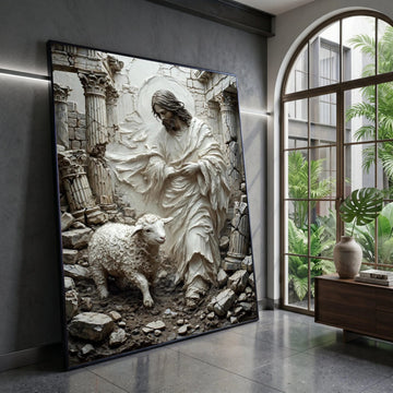 Jesus Shepherd Canvas Wall Art, Religious Lamb and Ruins Scene, Spiritual Christian Decoration, Faith Wall Hanging Art Canvas Print Art