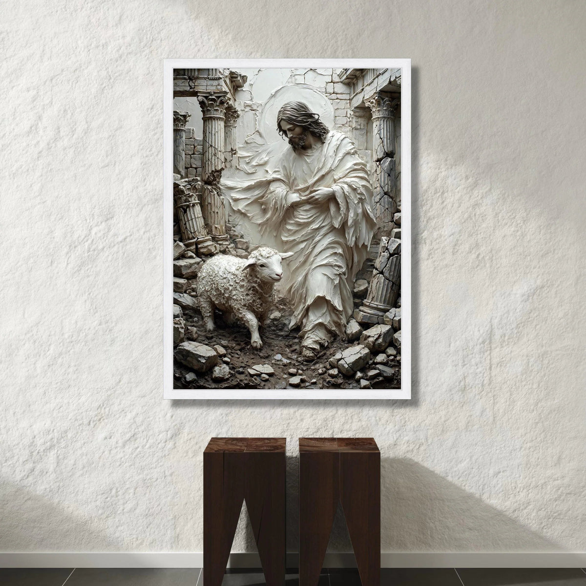 Jesus Shepherd Canvas Wall Art, Religious Lamb and Ruins Scene, Spiritual Christian Decoration, Faith Wall Hanging Art Canvas Print Art