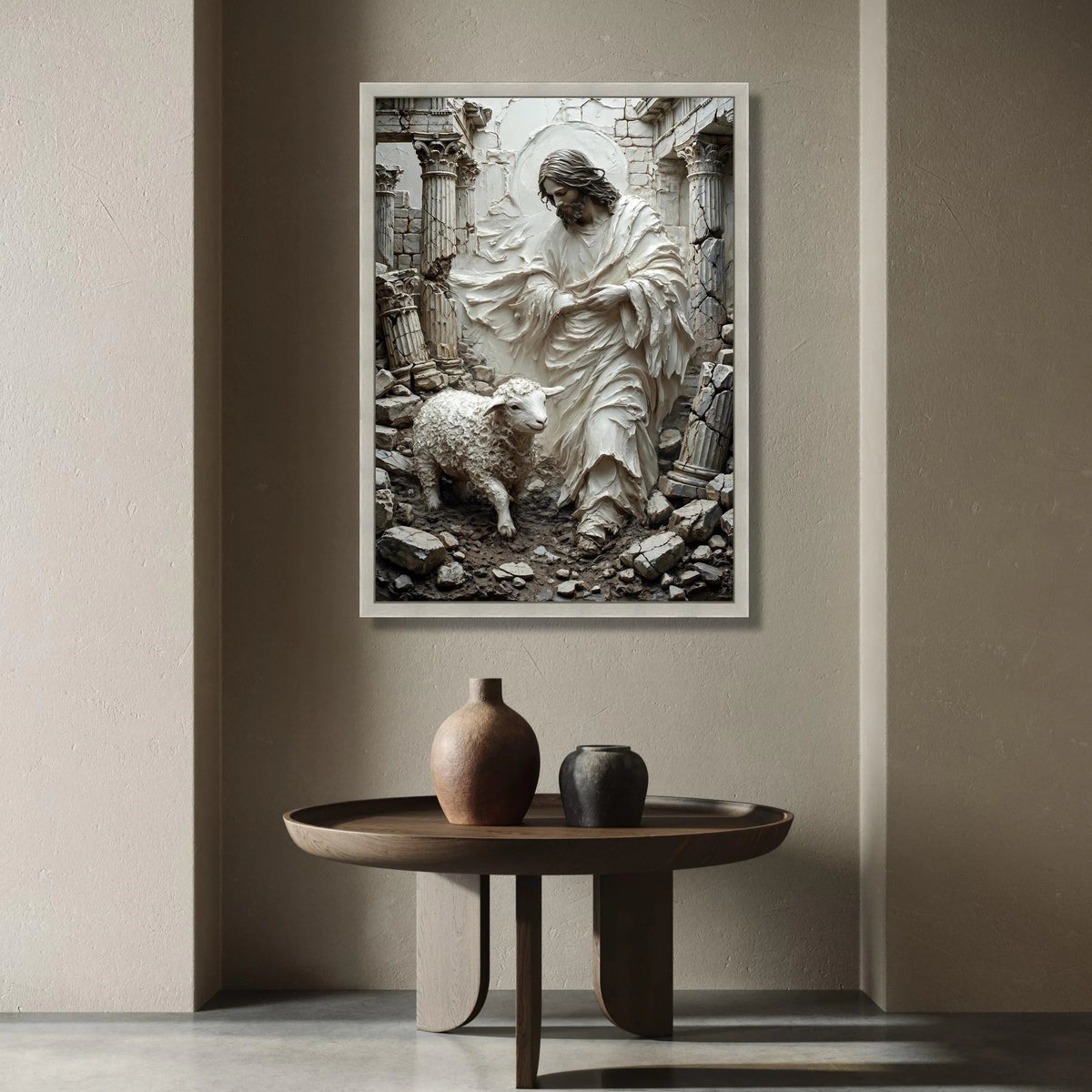 Jesus Shepherd Canvas Wall Art, Religious Lamb and Ruins Scene, Spiritual Christian Decoration, Faith Wall Hanging Art Canvas Print Art