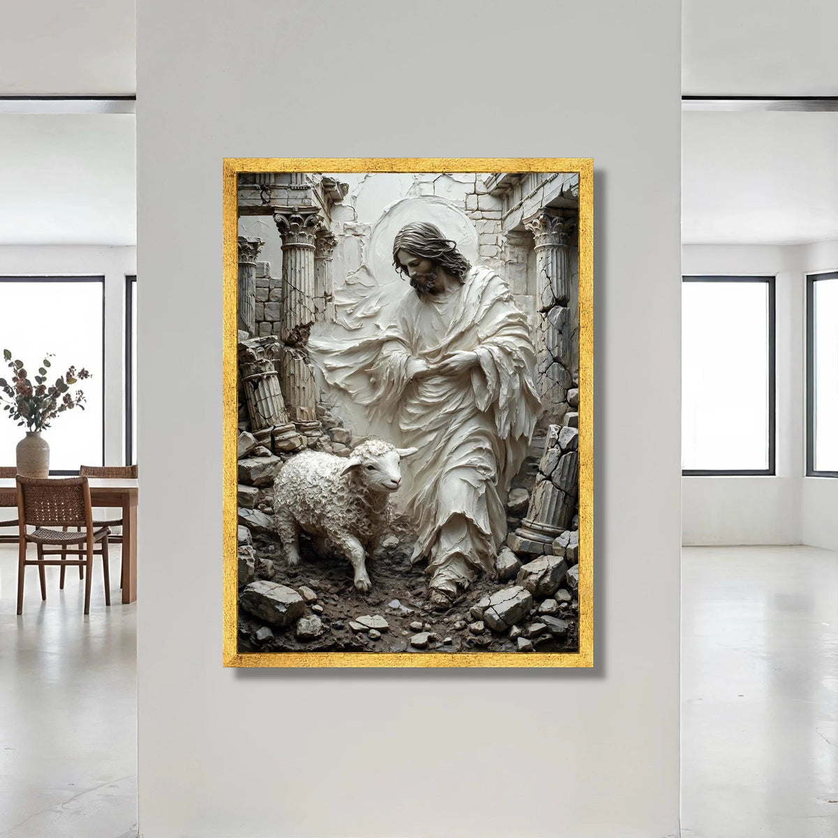 Jesus Shepherd Canvas Wall Art, Religious Lamb and Ruins Scene, Spiritual Christian Decoration, Faith Wall Hanging Art Canvas Print Art