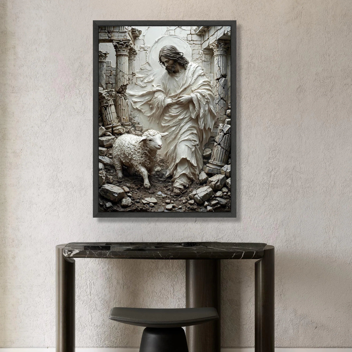 Jesus Shepherd Canvas Wall Art, Religious Lamb and Ruins Scene, Spiritual Christian Decoration, Faith Wall Hanging Art Canvas Print Art