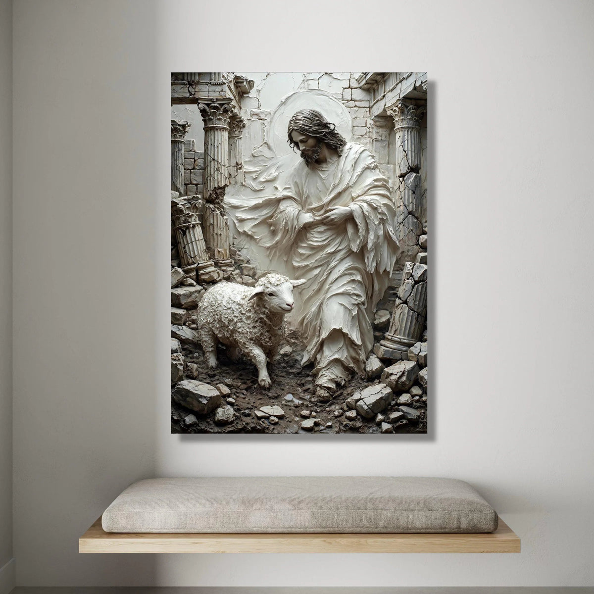 Jesus Shepherd Canvas Wall Art, Religious Lamb and Ruins Scene, Spiritual Christian Decoration, Faith Wall Hanging Art Canvas Print Art