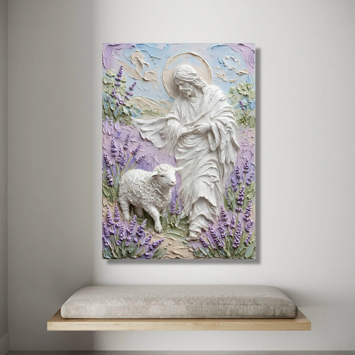 Jesus with Lamb Canvas Wall Art, Spiritual Religious Decor, Pastel Floral Background, Christian Faith Canvas, Inspirational Canvas Print Art