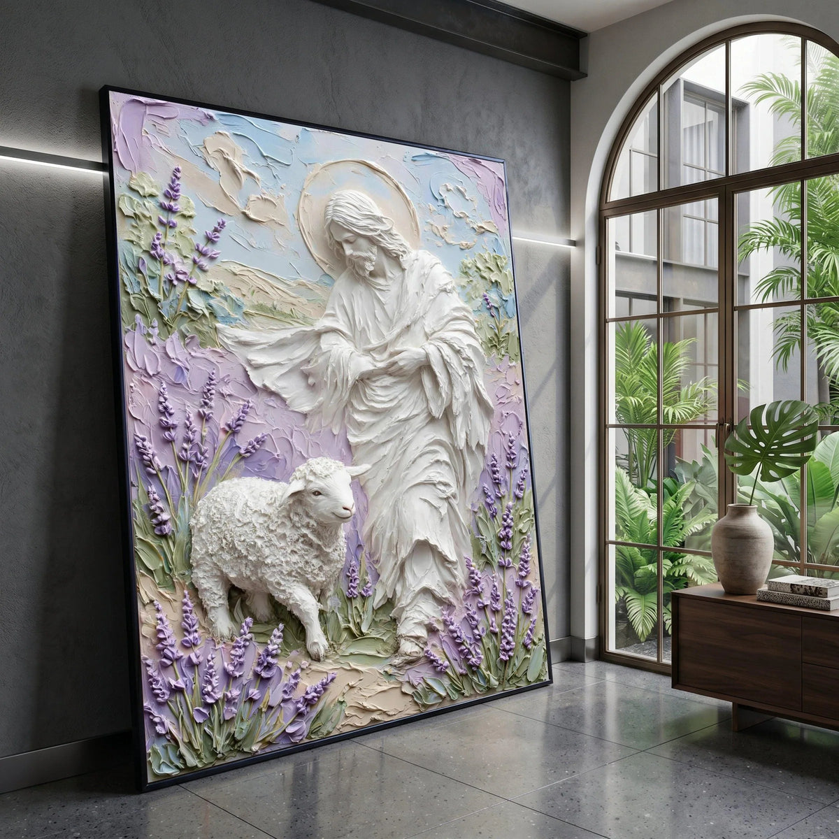 Jesus with Lamb Canvas Wall Art, Spiritual Religious Decor, Pastel Floral Background, Christian Faith Canvas, Inspirational Canvas Print Art