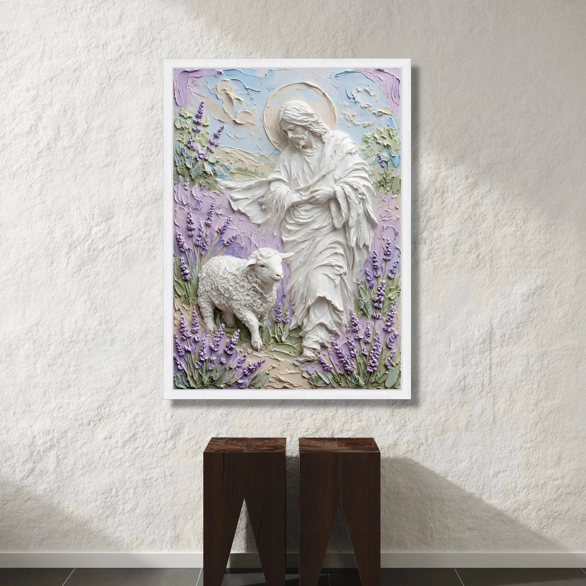 Jesus with Lamb Canvas Wall Art, Spiritual Religious Decor, Pastel Floral Background, Christian Faith Canvas, Inspirational Canvas Print Art