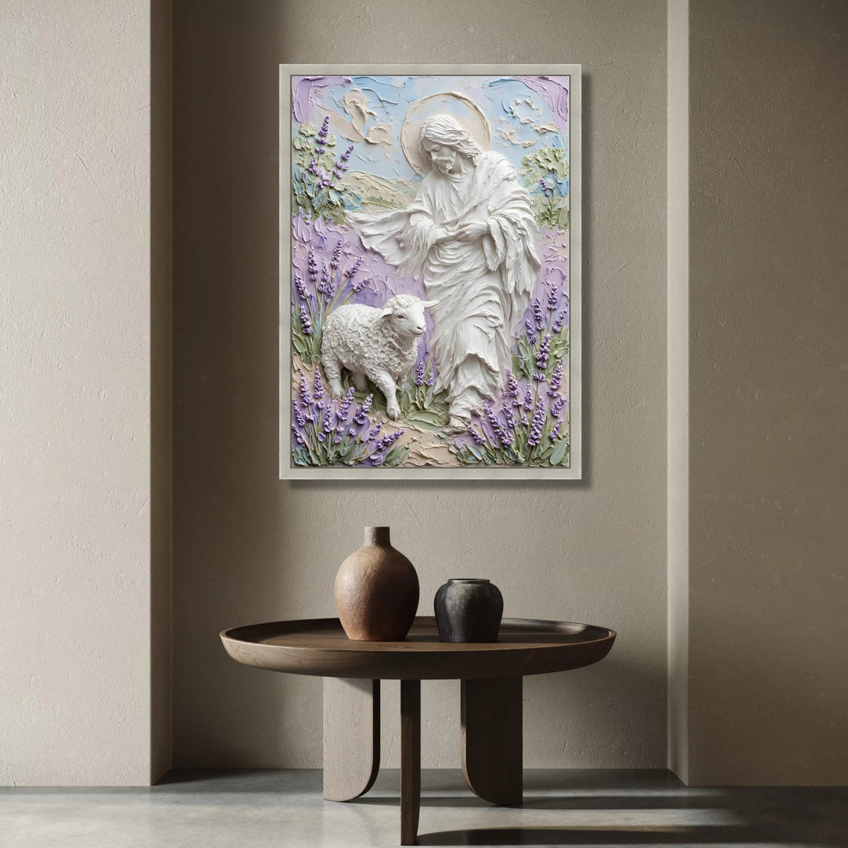 Jesus with Lamb Canvas Wall Art, Spiritual Religious Decor, Pastel Floral Background, Christian Faith Canvas, Inspirational Canvas Print Art