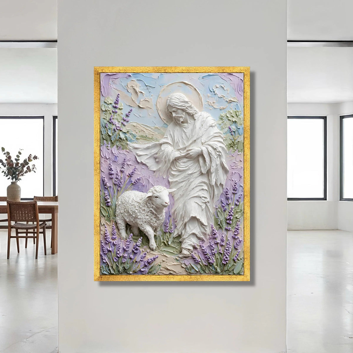 Jesus with Lamb Canvas Wall Art, Spiritual Religious Decor, Pastel Floral Background, Christian Faith Canvas, Inspirational Canvas Print Art