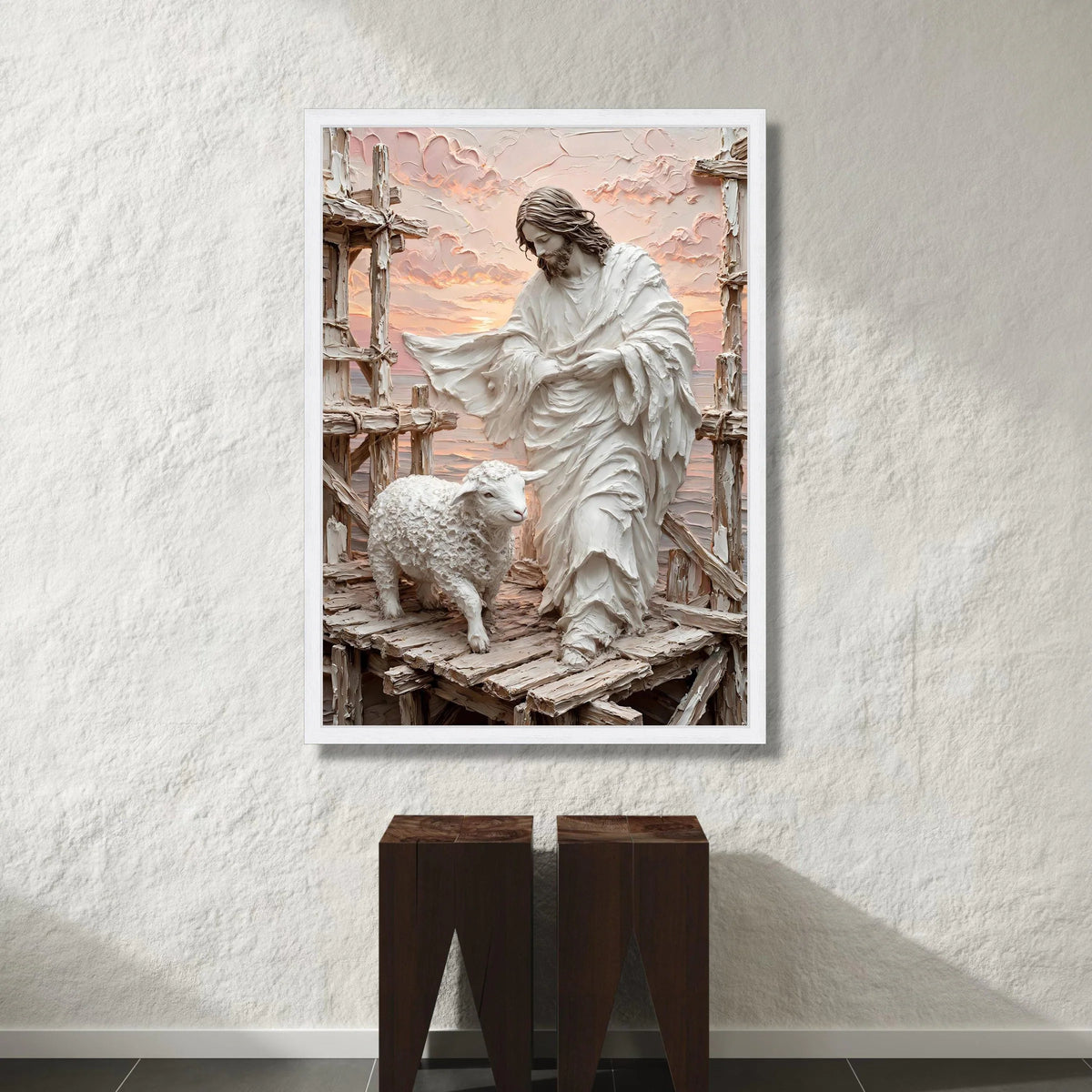 Jesus Shepherd Canvas Wall Art, Lamb and Crosses Religious Wall Decor, Spiritual Christian Canvas, Inspirational Faith Canvas Print Art