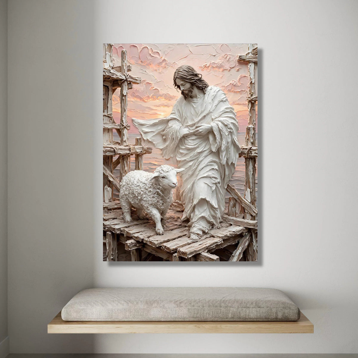 Jesus Shepherd Canvas Wall Art, Lamb and Crosses Religious Wall Decor, Spiritual Christian Canvas, Inspirational Faith Canvas Print Art