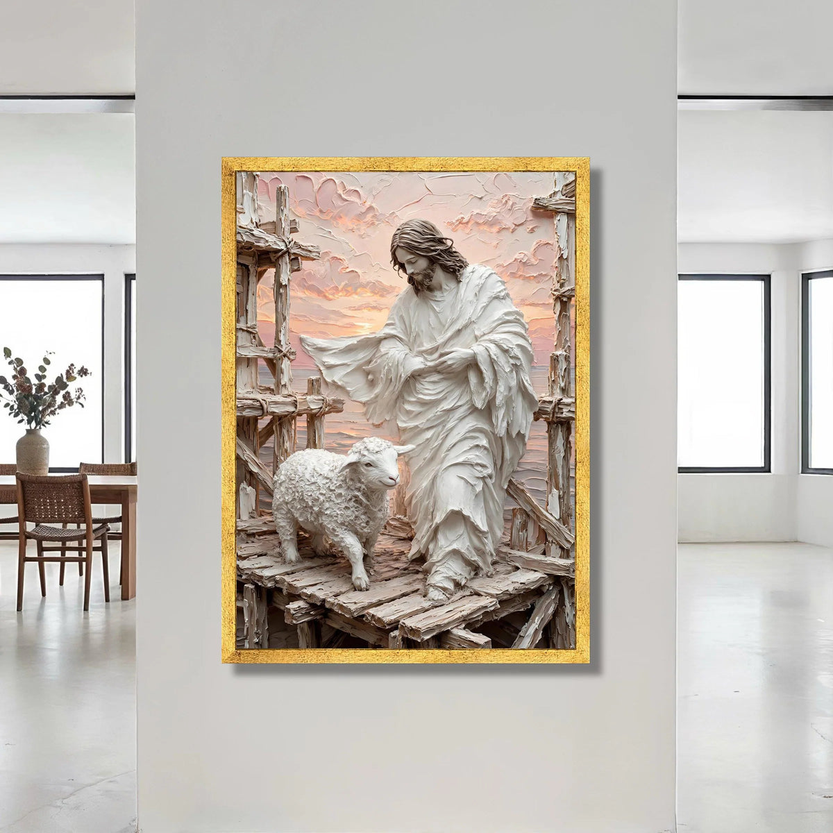 Jesus Shepherd Canvas Wall Art, Lamb and Crosses Religious Wall Decor, Spiritual Christian Canvas, Inspirational Faith Canvas Print Art