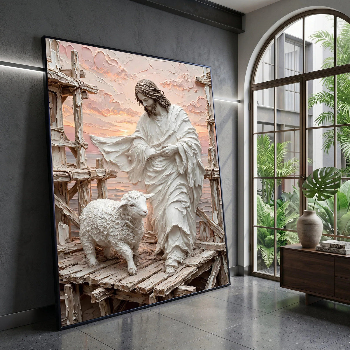 Jesus Shepherd Canvas Wall Art, Lamb and Crosses Religious Wall Decor, Spiritual Christian Canvas, Inspirational Faith Canvas Print Art