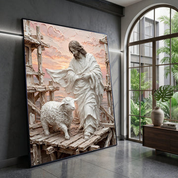 Jesus Shepherd Canvas Wall Art, Lamb and Crosses Religious Wall Decor, Spiritual Christian Canvas, Inspirational Faith Canvas Print Art