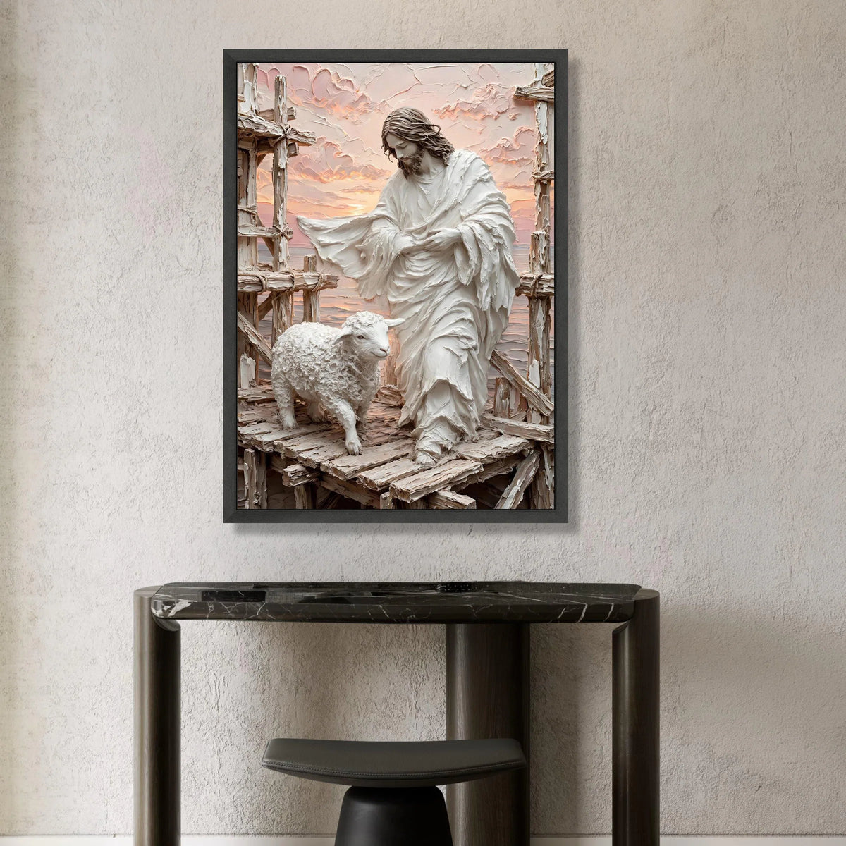 Jesus Shepherd Canvas Wall Art, Lamb and Crosses Religious Wall Decor, Spiritual Christian Canvas, Inspirational Faith Canvas Print Art
